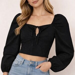 Spring + Mercer Black Puff Sleeve Crop Top SZ Small Romantic Coquette Balletcore